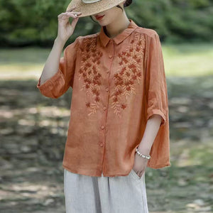 Áo sơ mi linen ngắn tay cổ pipi thêu hoa trước ngực - A975