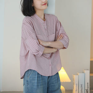 Áo sơ mi linen ngắn tay cổ đứng vạt mullet kẻ sọc - NU10321