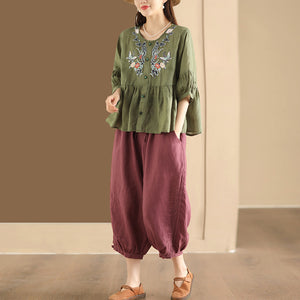 Áo sơ mi linen ngắn tay cổ tròn thêu hoa bướm - A731