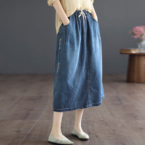 Chân váy denim lưng thun dây rút thêu hoa lá - NU8874