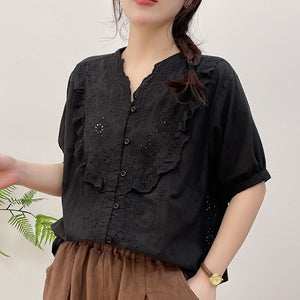Áo sơ mi linen ngắn tay cổ V thêu ren hoa lá - NU10130