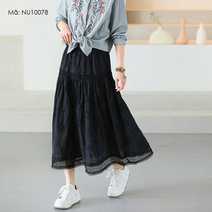 Chân váy linen lưng thun thêu retro hai lớp  - NU10077