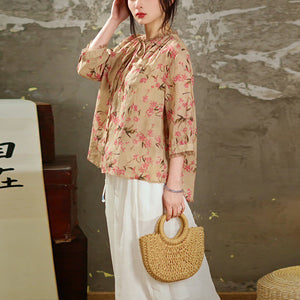 Áo sơ mi linen tay lửng in hoa lá cổ tròn phối ren - NU9736