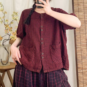Áo sơ mi linen ngắn tay cổ tròn kẻ caro hai túi vuông - A796