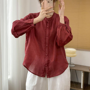 Áo sơ mi linen dài tay cổ tròn đính ren khuy tròn - A674