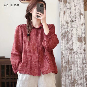 Áo sơ mi linen dài tay cổ đức in hoa lá liti kiểu xếp ly - NU9858