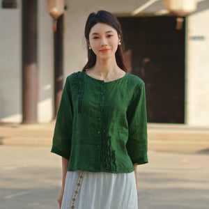 Áo sơ mi linen tay lửng cổ tròn kiểu đính ren - NU9749