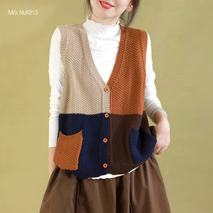 Áo khoác len gile sát nách cổ V hai túi mảng màu - NU9212