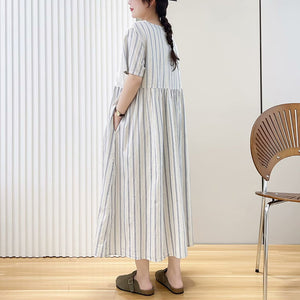 Đầm liền linen ngắn tay cổ V thêu retro kẻ sọc - NU10101
