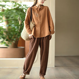 Áo sơ mi linen dài tay cổ đức thêu hoa vạt mullet - NU9798