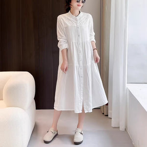 Đầm liền linen dài tay cổ đứng thêu hoa kiểu sơ mi - D032