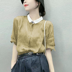 Áo sơ mi ngắn tay cổ pipi lệch màu - A702