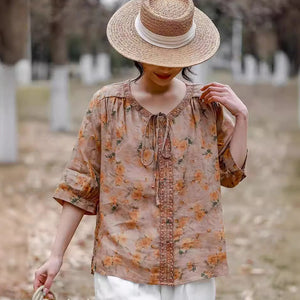 Áo sơ mi linen ngắn tay cổ V cột dây in hoa lá - NU10001
