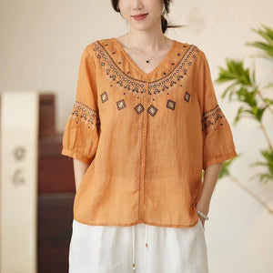 Áo sơ mi linen tay lửng cổ V thêu hoa văn retro - NU10258