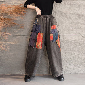 Quần baggy denim lưng thun ống rộng kiểu chắp vá - Q100