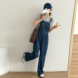 Quần baggy yếm denim chiết eo ống đứng - NU10373