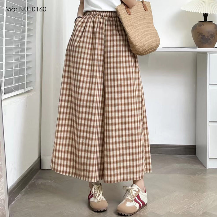 Quần baggy linen lưng thun ống rộng kẻ caro hai túi chéo - NU10159