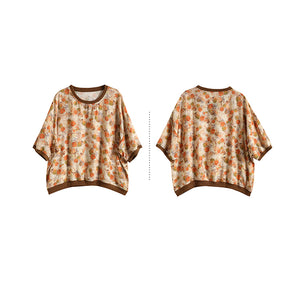 Áo T-shirt linen ngắn tay cổ màu in hoa lá - NU9964