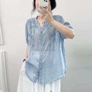 Áo sơ mi linen ngắn tay cổ tròn xẻ V thêu hoa lá đối xứng - NU9999