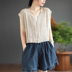 Áo T-shirt dệt kim retro sát nách cổ V - NU9055