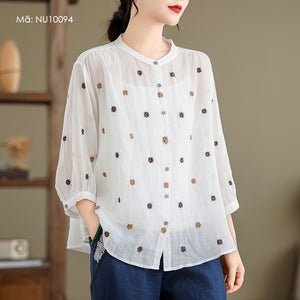 Áo sơ mi linen tay lửng cổ đứng thêu chấm sao - NU10093
