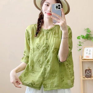 Áo sơ mi linen ngắn tay cổ tròn thêu hoa lá đồng màu - NU9850
