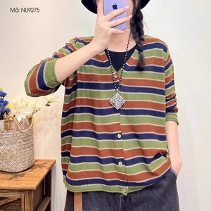 Áo khoác len cardigan dài tay cổ V kẻ sọc ngang - NU9274