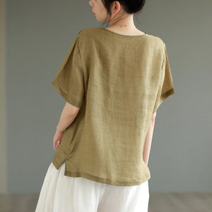 Áo T-shirt linen ngắn tay cổ tròn hoa lá tĩnh vật - NU10154