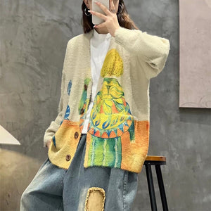 Áo khoác len cashmere dài tay cổ V in cô gái và chú mèo - NU9276