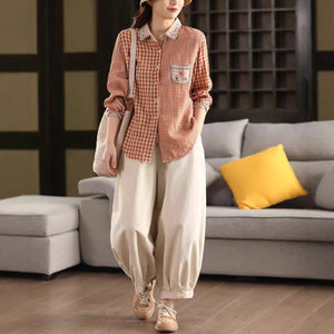 Áo sơ mi dài tay cổ đức thêu hoạt hình kẻ caro - A774