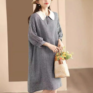 Đầm liền linen ngắn tay cổ cánh sen kẻ caro - NU10189