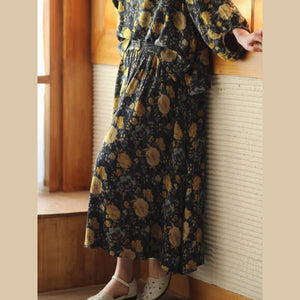 Chân váy linen lưng cao in hoa lá có khuy cài - V070