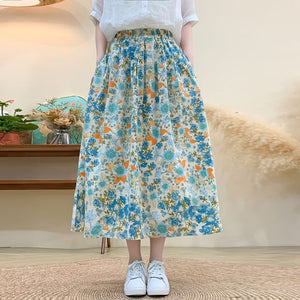 Chân váy linen lưng thun hai túi in hoa lá retro - V080