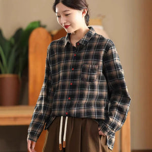 Áo sơ mi linen dài tay cổ đức kẻ caro một túi bo tròn - A699