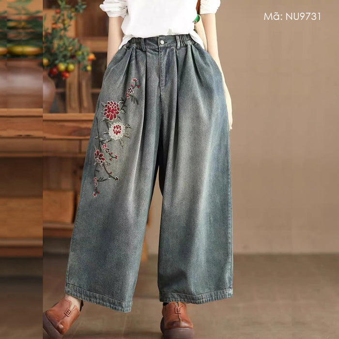 Quần baggy denim lưng thun rộng thêu hoa thược dược - NU9731