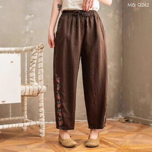Quần baggy linen lửng lưng thun dây rút thêu đối xứng - Q261