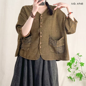 Áo sơ mi linen ngắn tay cổ V hai túi kẻ caro - A947