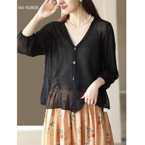 Áo khoác linen cardigan dệt kim dài tay cổ V - NU8837