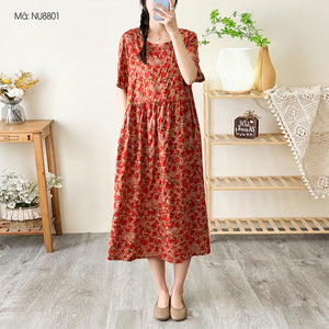 Đầm liền linen ngắn tay cổ tròn chiết eo xếp ly in hoa văn trừu tượng - NU8800