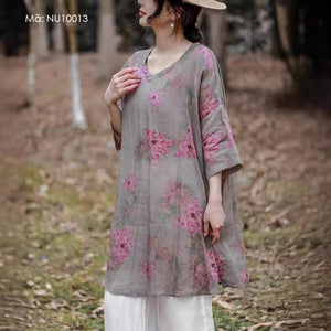 Áo sơ mi linen tay lửng cổ V form dài in hoa lá - NU10012