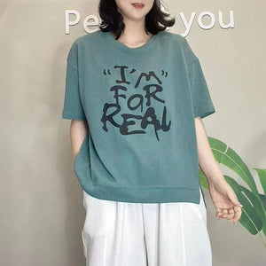Áo T-shirt ngắn tay cổ tròn in chữ retro - NU8722