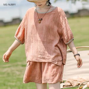 Bộ đồ linen gồm áo T-shirt ngắn tay cổ tròn và quần sooc hai túi - NU8889