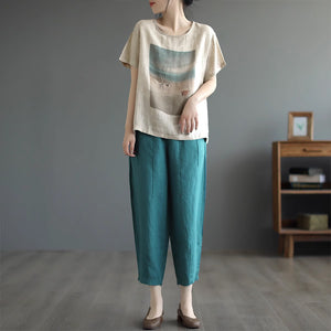 Áo T-shirt linen ngắn tay cổ tròn in phong cảnh - NU8770