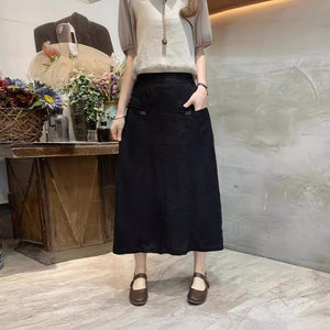 Chân váy linen retro lưng thun túi ngang đính khuy - NU9992