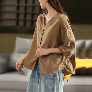 Áo sơ mi linen ngắn tay cổ đứng khuy tròn - A825