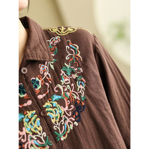 Áo sơ mi linen dài tay cổ đức thêu hoa văn retro - NU9739