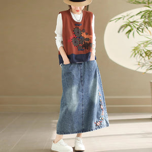 Chân váy denim lưng thun thêu hoa lá hia túi ngang - NU10150