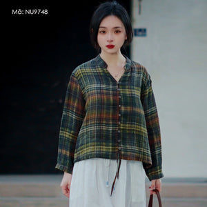 Áo sơ mi linen dài tay cổ V kẻ sọc caro - NU9747