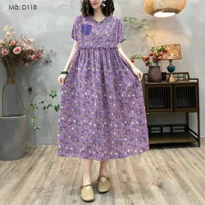 Đầm liền linen ngắn tay cổ V in hoa văn thêu một túi - D117