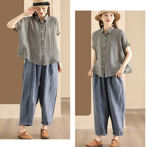 Áo sơ mi linen ngắn tay phối màu cổ đức kẻ caro - NU10151